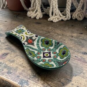 Anthropologie Okuno Green Blue Multi-Color Ceramic Spoon Rest Bohemian 6”